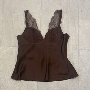 Lace Trim Satin Cami Tank Top - Chocolate Brown